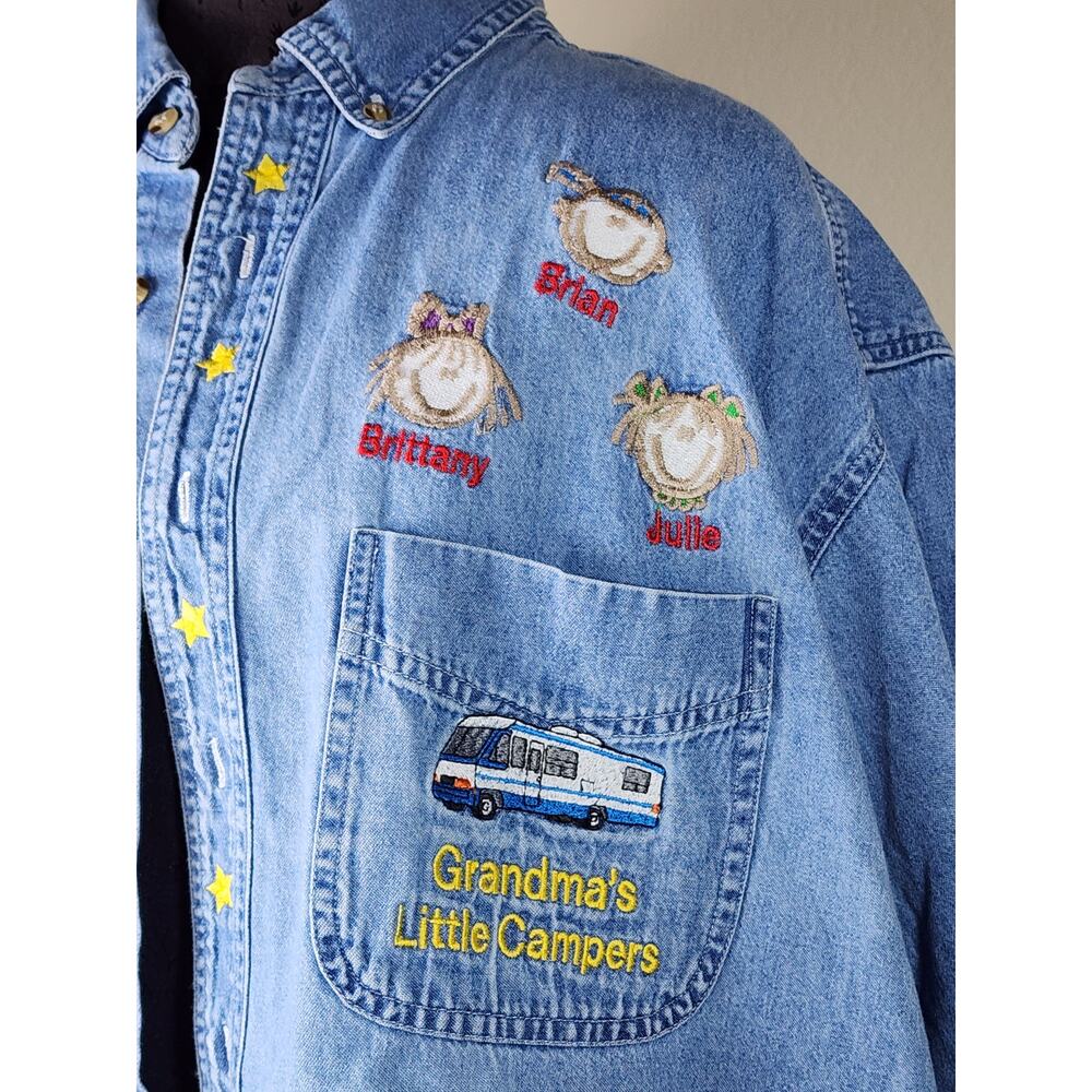 Blue Generation Women Denim Short Sleeve Shirt XL Jeans Grandma's Little Campers - Picture 5 of 13